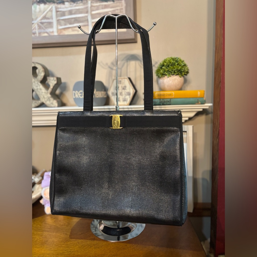 Salvatore Ferragamo Vala Vintage Black pebble Leather Tote Bag